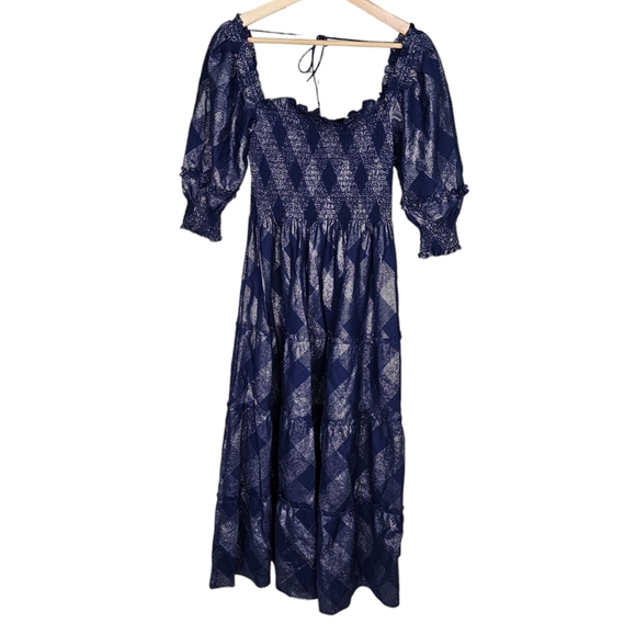 Hill House Nesli Dress Navy Glitter Check Midi Smocked Size XS - Picture 3 of 8